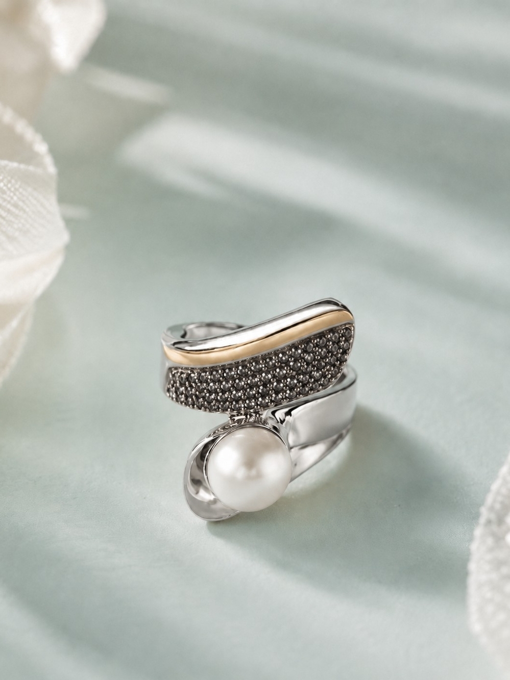 Silver Pearl Accent Open Ring with Gold Detail